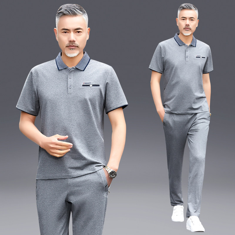 爸爸夏装套装时尚中年短袖夏天衣服男士夏季休闲两件套薄款运动服