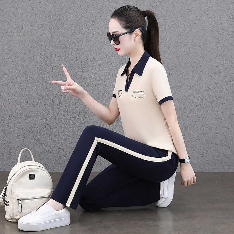 女士运动套装夏季2025新款时尚洋气翻领短袖休闲跑步服冰丝两件套