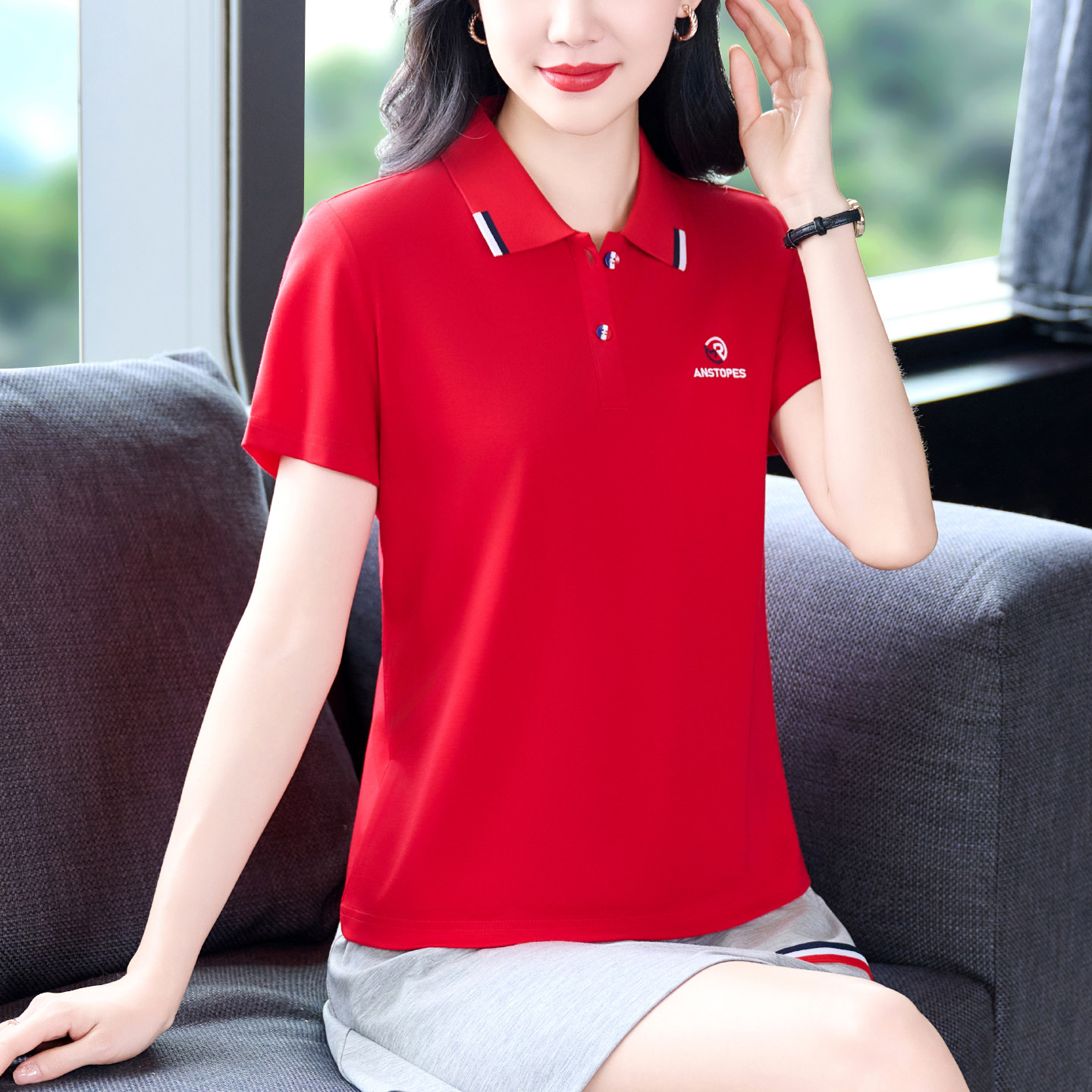 翻领短袖t恤女夏季2026新款时尚妈妈纯色冰丝polo衫上衣定制印字