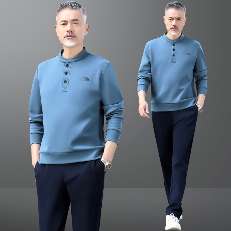 中年爸爸运动服套装男春秋季中老年人套头立领父亲休闲卫衣两件套