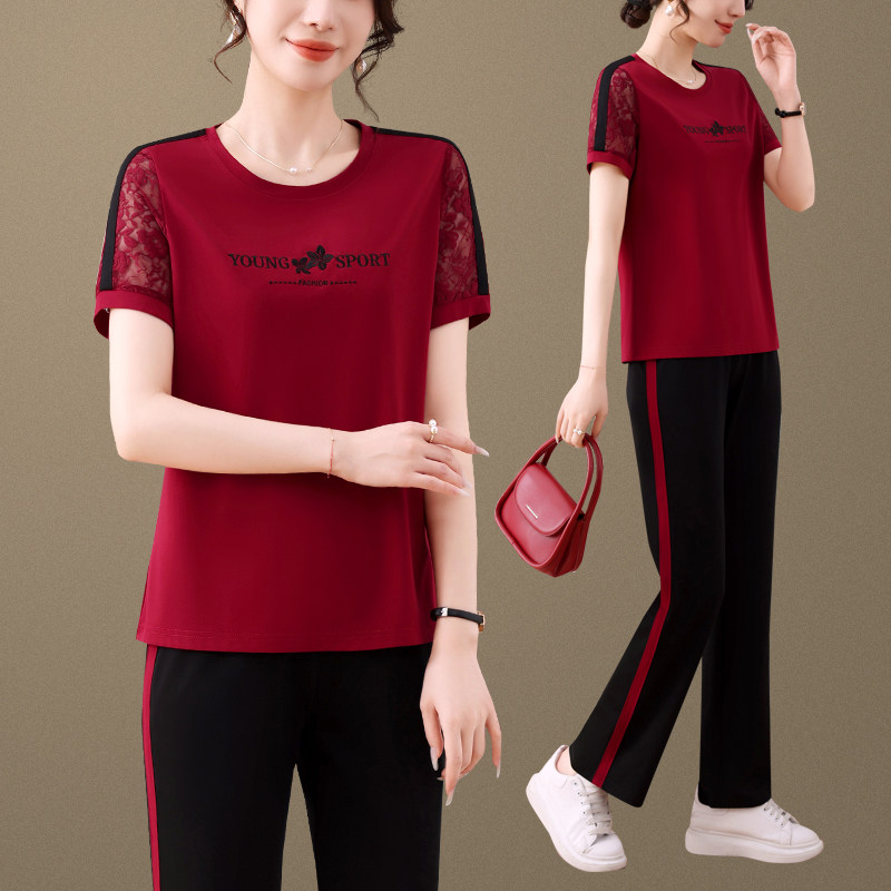 小个子妈妈夏装休闲运动套装女中老年夏季短袖t恤洋气上衣两件套