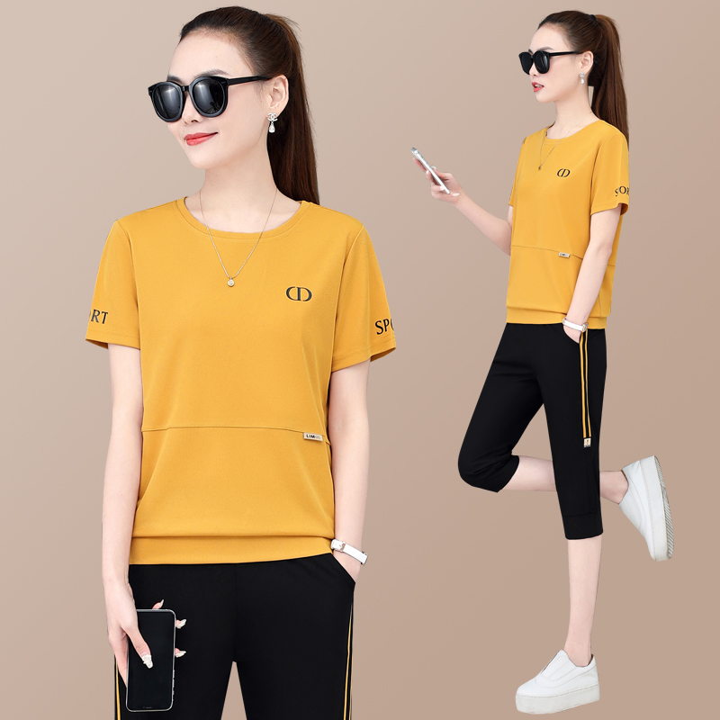 运动套装女夏季2025新款时尚冰丝薄款短袖七分裤跑步服休闲两件套