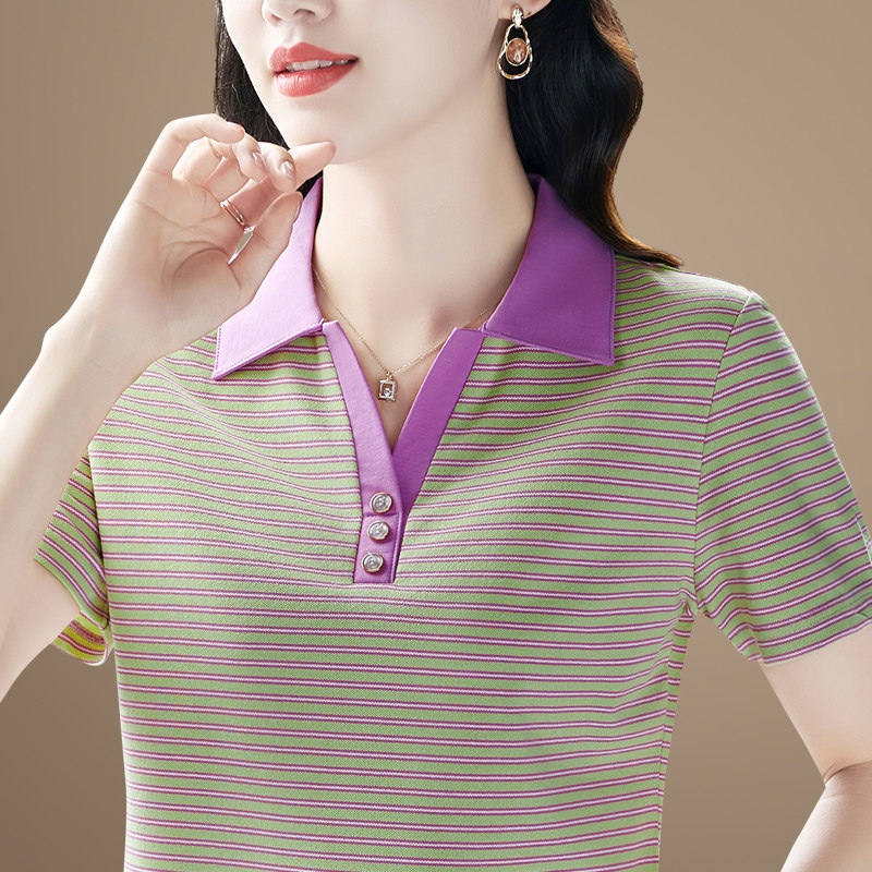 女士短袖t恤夏季2025新款中年妈妈洋气夏装休闲冰丝娃娃领上衣服