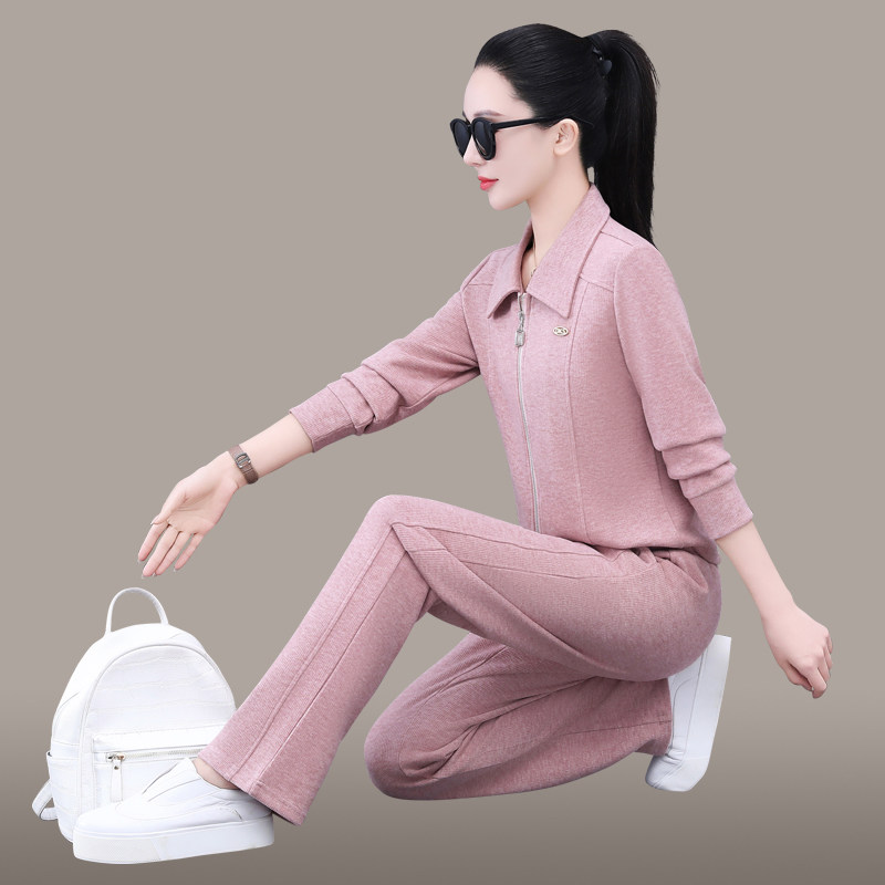 休闲套装女春秋款2025新款时尚洋气女士翻领长袖外套运动服两件套