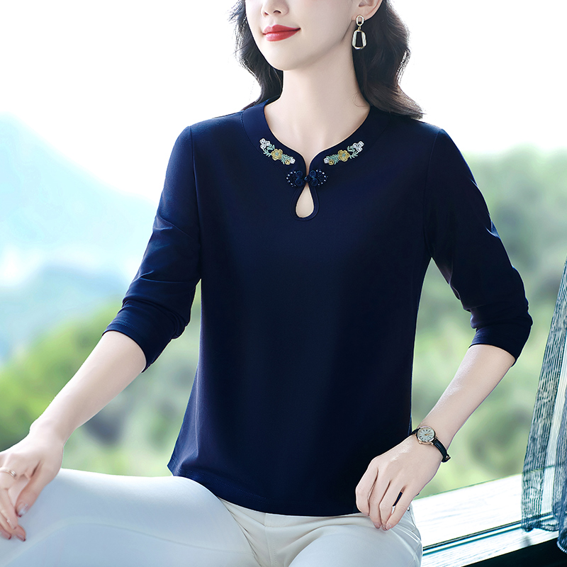 新中式圆领短袖T恤女士夏季时尚减龄新款中年妈妈夏装长袖体恤衫