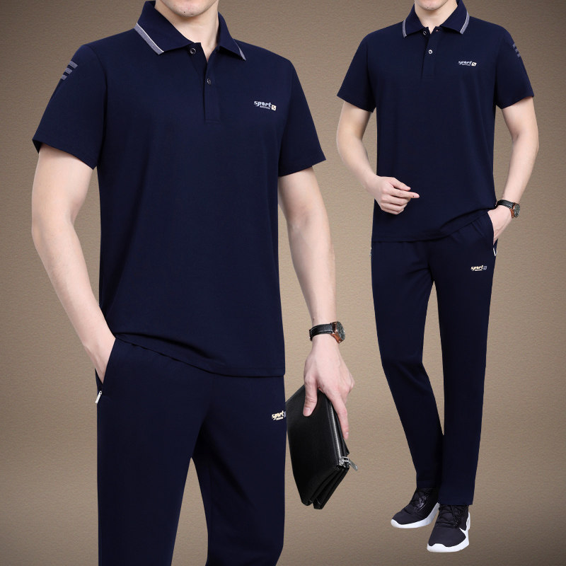 夏天季中老年男士爸爸装短袖长裤加大码商务休闲运动服套装中年男