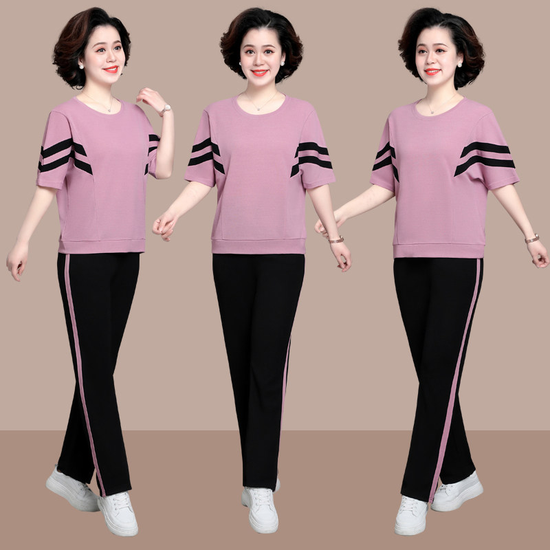 妈妈夏装短袖t恤中老年运动套装女春夏上衣中年人大码衣服两件套