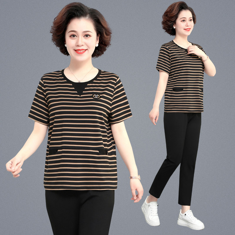 中年妈妈夏装套装短袖T恤女夏季休闲新款运动服女士翻领两件套夏