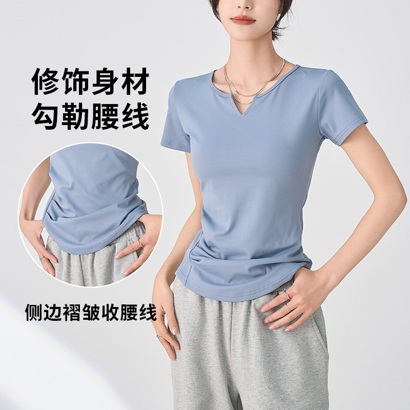 冰丝瑜伽服v领短袖t恤女士夏季外穿收腰显瘦褶皱设计速干运动上衣