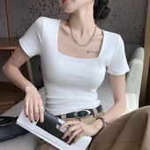 方领修身 内搭2024新款 显瘦纯棉辣妹风打底上衣 T恤女夏季 白色短袖
