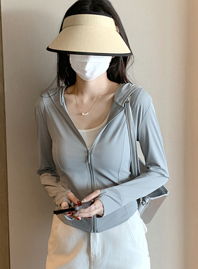 灰色冰丝防晒衣女夏季薄款修身防紫外线连帽瑜伽服开衫运动上衣潮