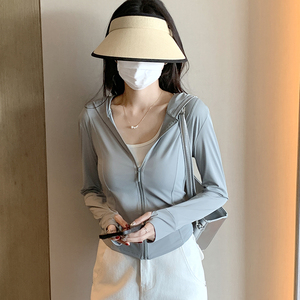 灰色冰丝防晒衣女夏季薄款修身防紫外线连帽瑜伽服开衫运动上衣潮