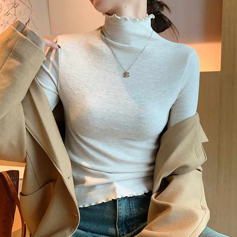 木耳边半高领针织打底衫女秋冬内搭2024新款修身时髦中领洋气上衣