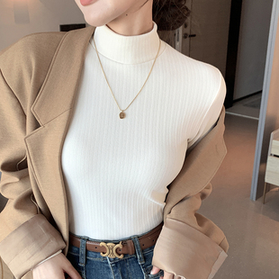 加绒加厚条纹打底衫女内搭冬季2024新款德绒半高领针织保暖上衣