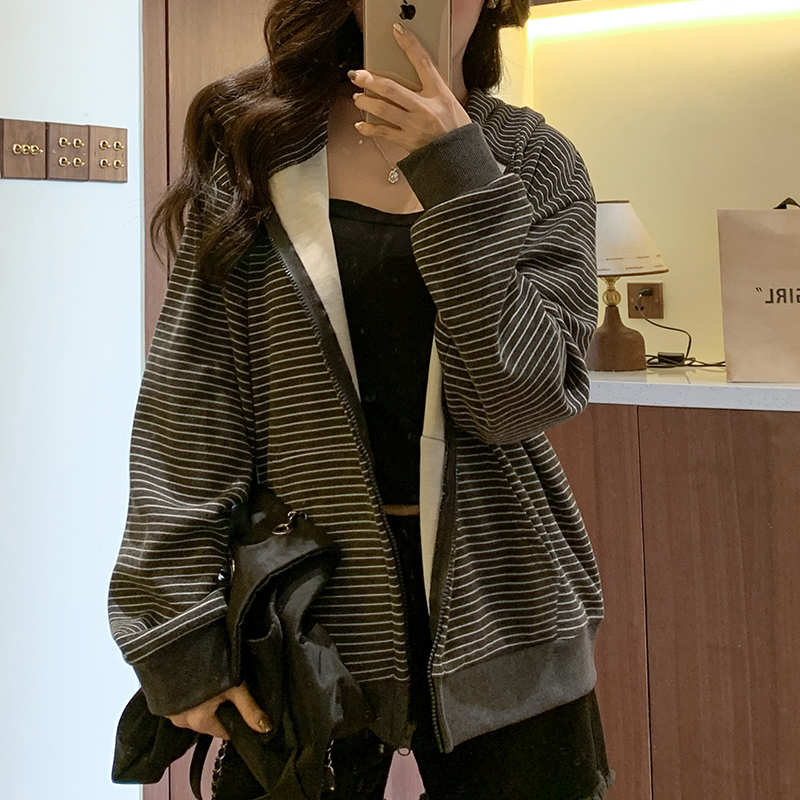 美式复古撞色条纹外套女2025春秋新款慵懒风宽松拉链开衫连帽卫衣