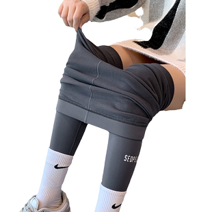 加绒鲨鱼裤女款外穿秋冬季收腹提臀瑜伽打底绒裤黑色保暖棉裤