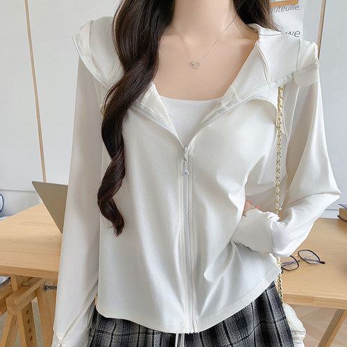 白色冰丝防晒衣女夏季2026新款防紫外线户外连帽防晒服开衫外套薄