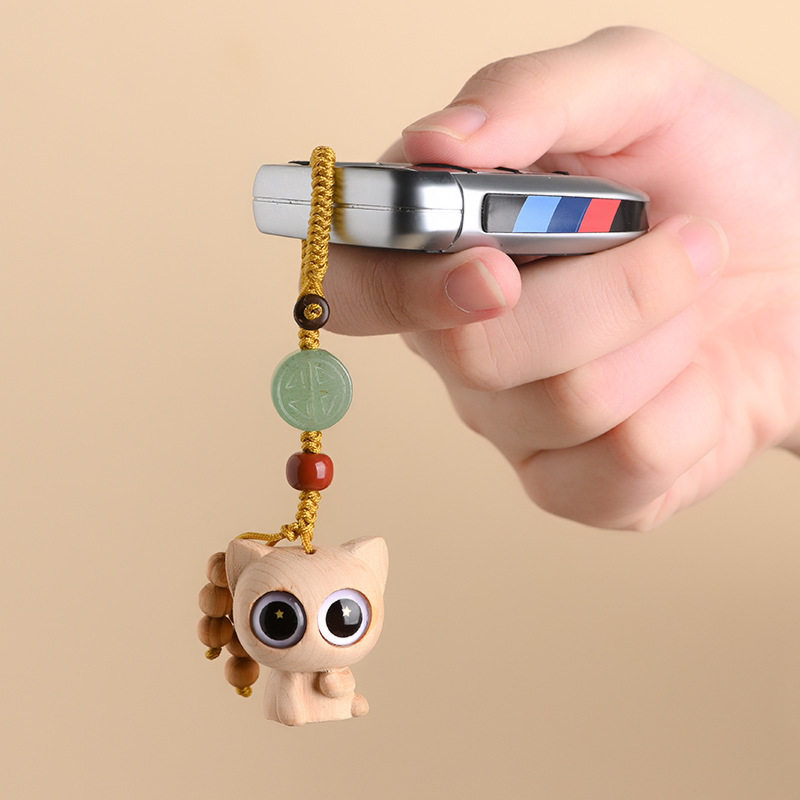 崖柏木雕刻星眸猫手机链挂件可爱萌系情侣汽车钥匙扣挂件挂坠礼物