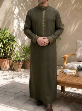 Arba Long Robe穆斯林男士长袍刺绣阿拉伯迪拜套头男连体衣长衫