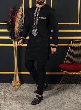 传统穆斯林非洲风格男士新西服2件套圆领长袖上衣加裤子帅气套装