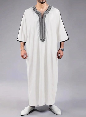 Morrocan Kaftan迪拜男士长袍长袖刺绣V领阿拉伯宽松男士男装长袍