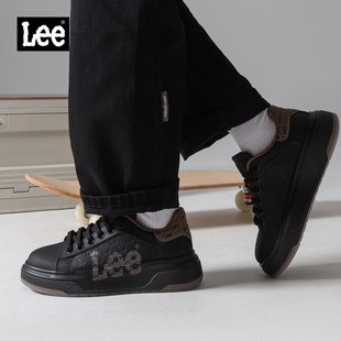 秋冬厚底增高运动潮鞋 Lee鞋 软底真皮黑色休闲板鞋 2025新款 子男鞋