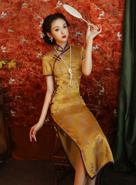黄色旗袍新款2024新款女复古中国风日常可穿老上海送考长款连衣裙
