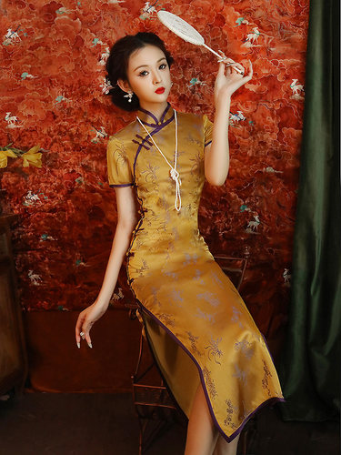 黄色旗袍新款2024新款女复古中国风日常可穿老上海送考长款连衣裙