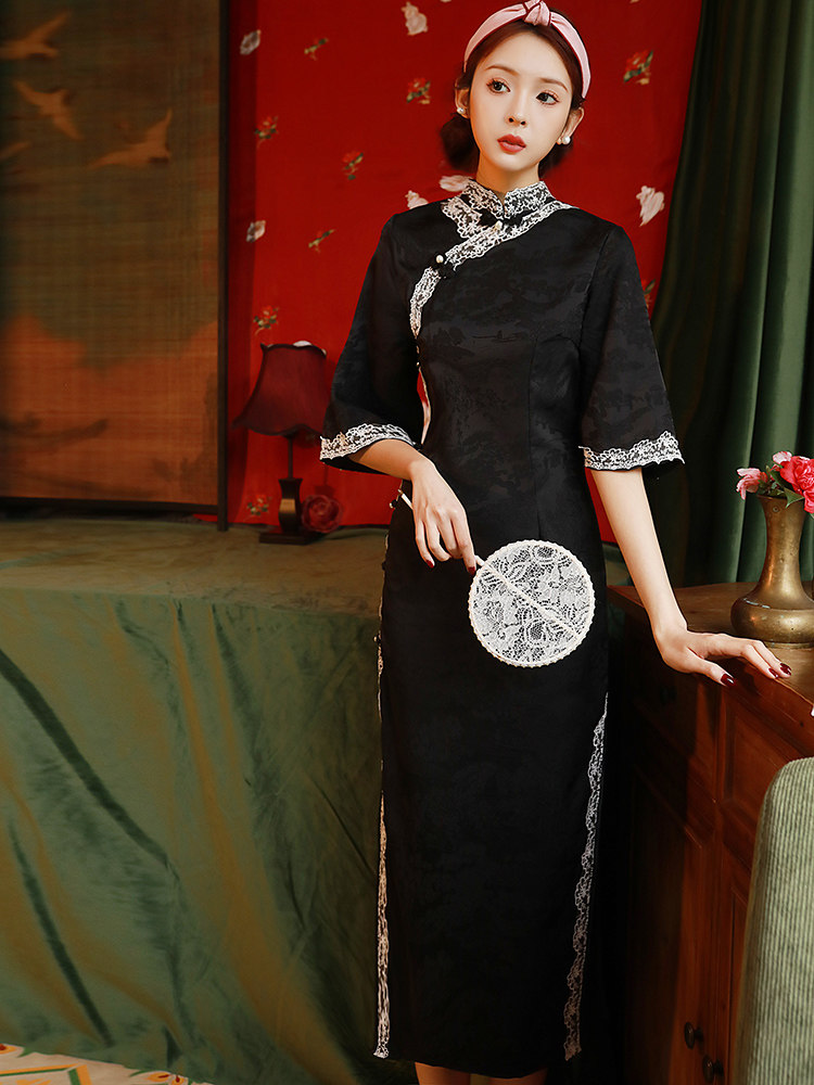 검은색 치파오 2023 민국 복고 중국 스타일의 옛 상하이 고급 기질 긴 드레스를 새롭게 개선했습니다