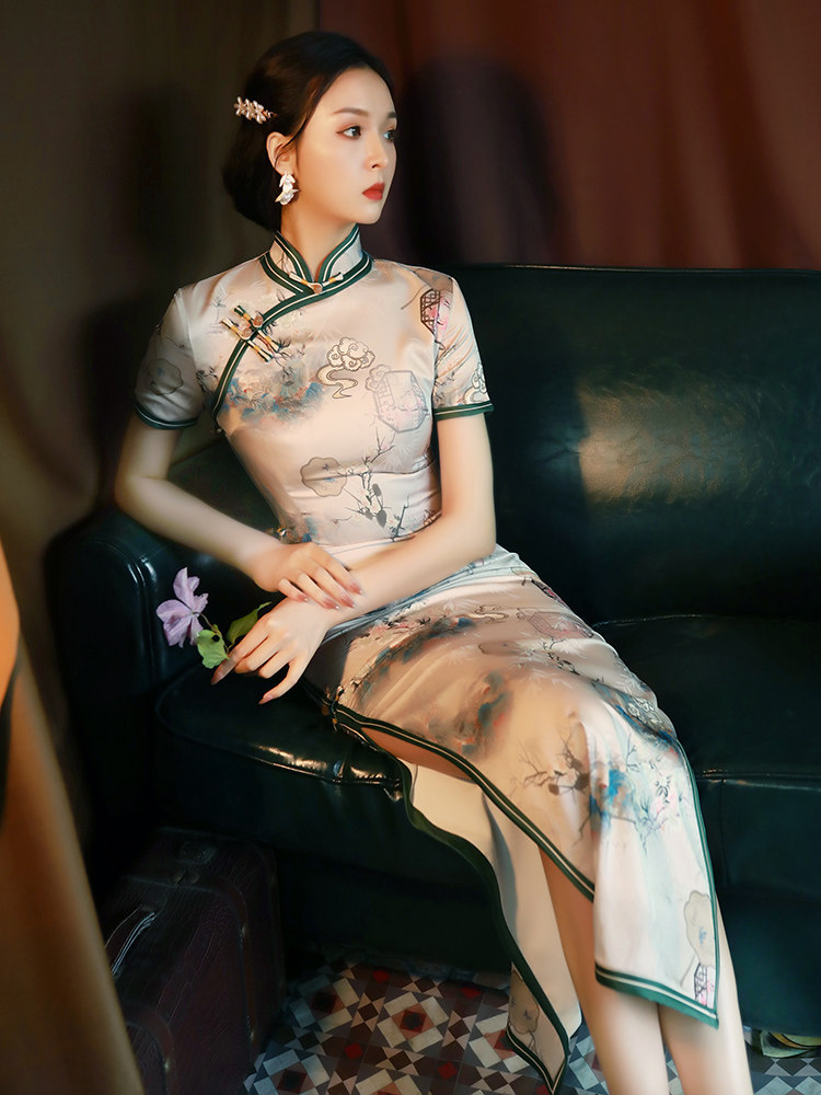 印花旗袍夏季2021年新款改良版复古中国风连衣裙民国老上海中长款