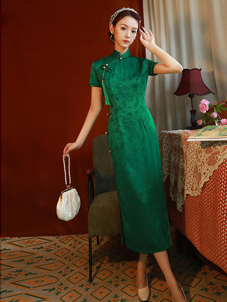 绿色日常旗袍2023年新款女改良复古中国风民国老上海中长款连衣裙