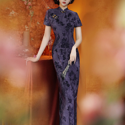 紫色旗袍2025新款高端大气上档次年轻款复古民国老上海长款连衣裙