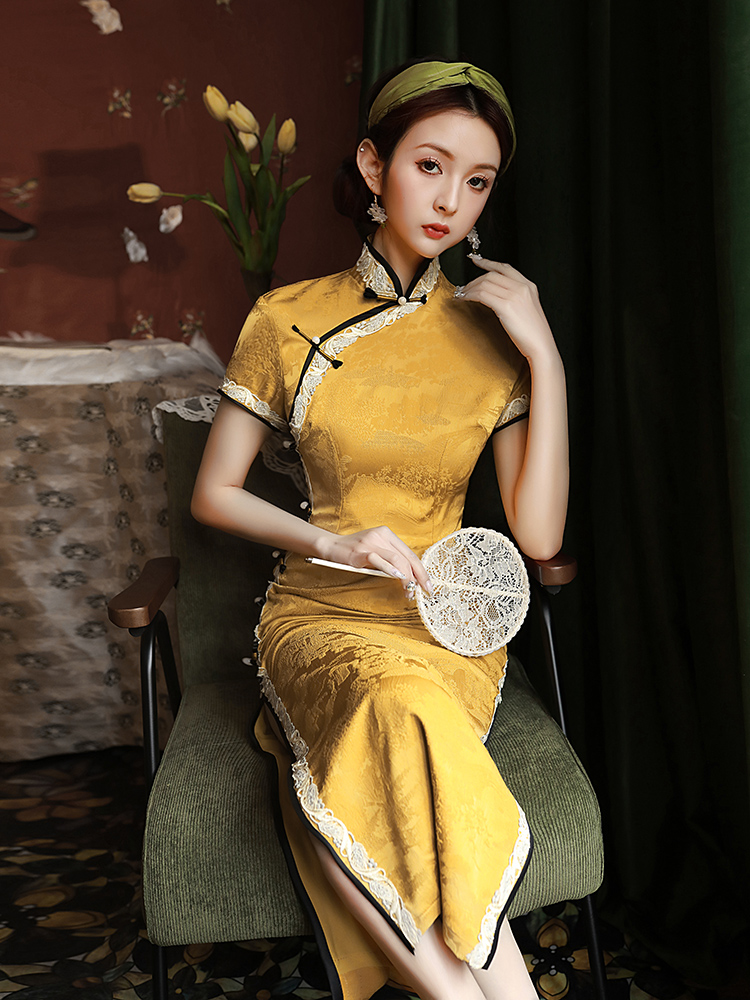 黃色旗袍新款改良復(fù)古中國風(fēng)高級感長款送考旗袍民國老上海連衣裙