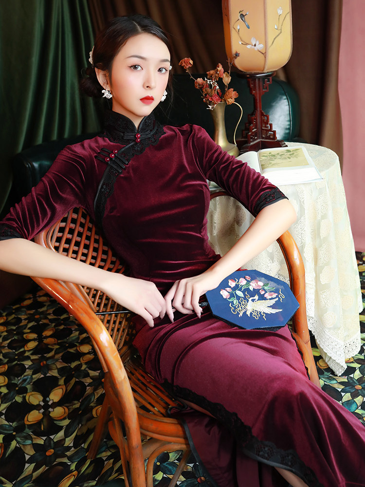 酒红色旗袍2020年新款气质长款女复古中国风改良版中袖连衣裙女秋