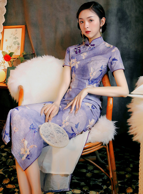 紫色丝麻旗袍2022年新款夏季复古气质民国优雅长款日常可穿连衣裙