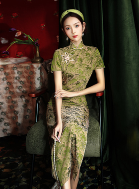 绿色旗袍2023年新款改良复古中国风日常短袖连衣裙长款高级感气质
