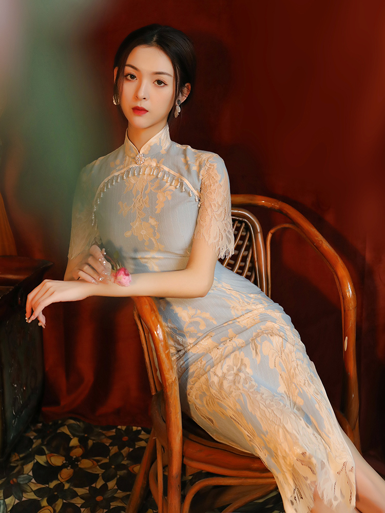 蕾丝旗袍2022年新款高端气质复古老上海民国风改良蚀骨中长款春季