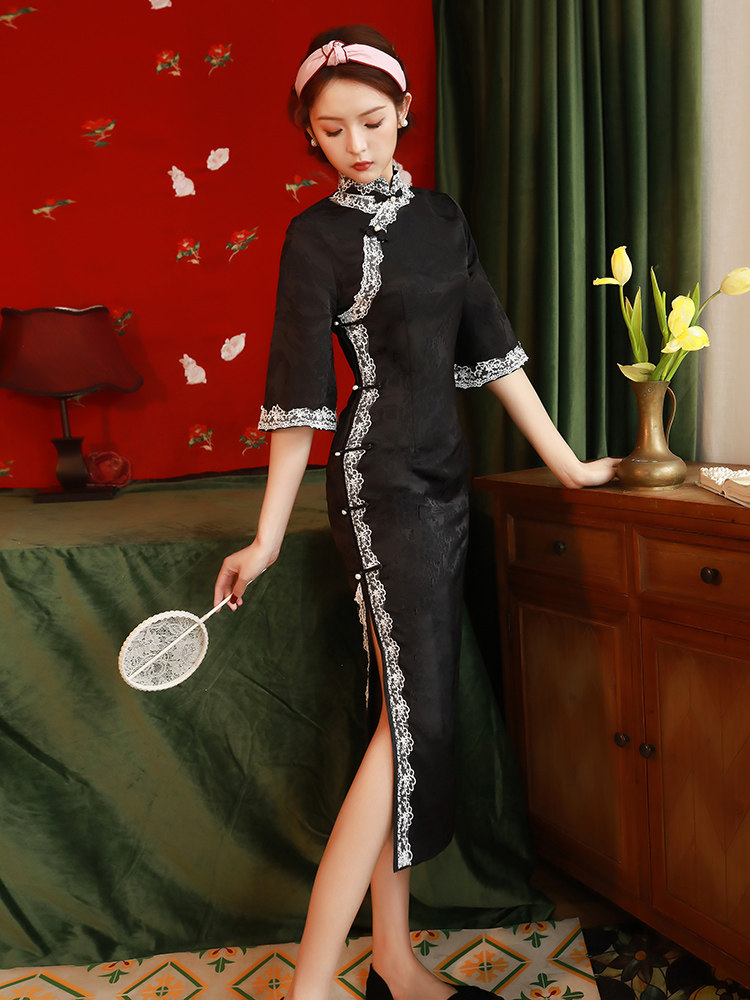검은색 치파오 2023 민국 복고 중국 스타일의 옛 상하이 고급 기질 긴 드레스를 새롭게 개선했습니다