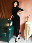 连衣裙长款 黑色丝绒旗袍2022年新款 长袖 复古老上海改良版 性感长款