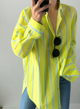 春秋新款条纹长袖衬衫女韩版宽松显瘦中长款bf风洋气打底衬衣外套