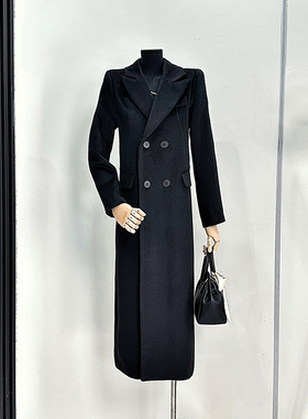 黑色毛呢长款大衣女2025年冬季新款时尚洋气双排扣西装领外套呢子
