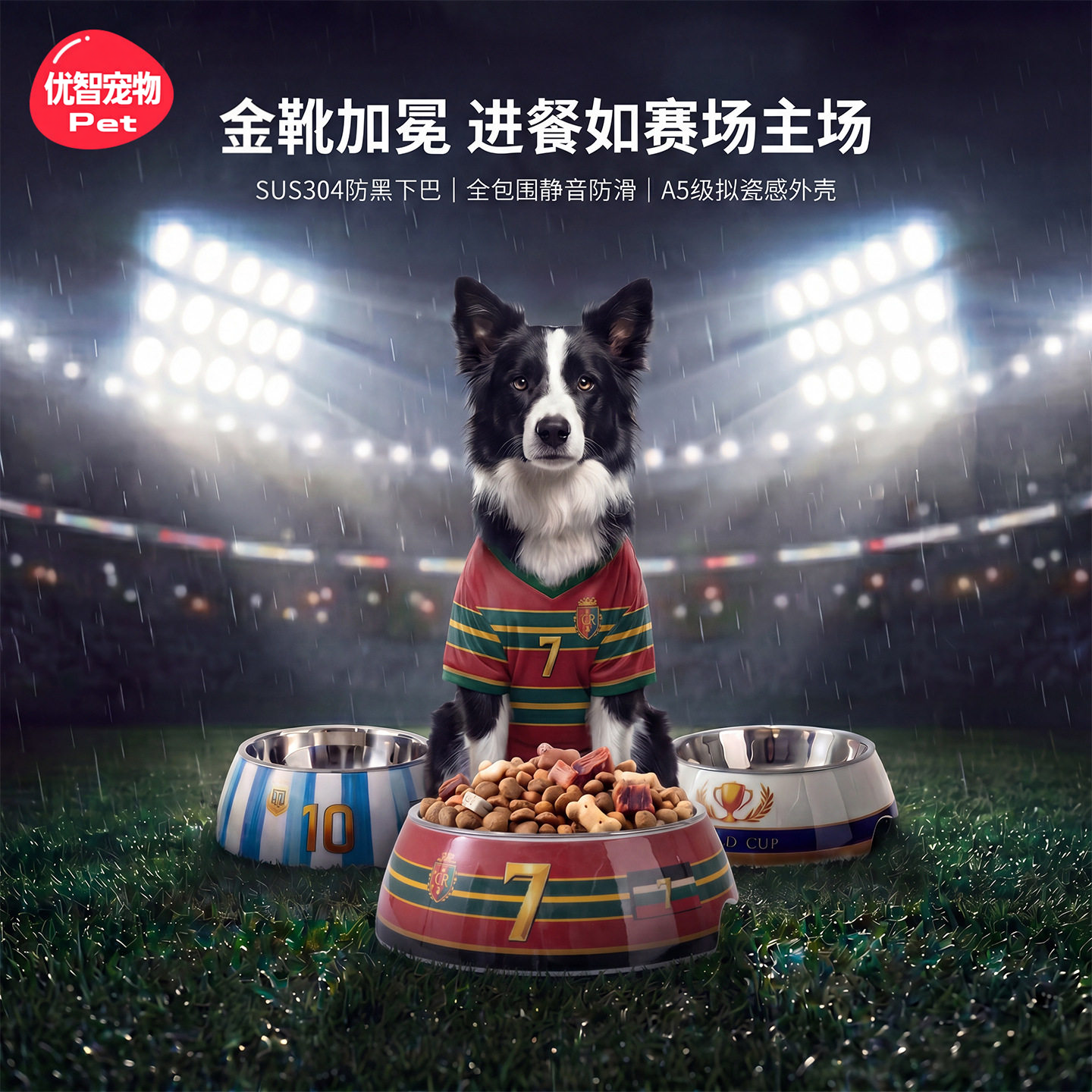 水碗世界杯狗食碗宠物碗中大型犬足球风大容量不锈钢防打翻小狗碗
