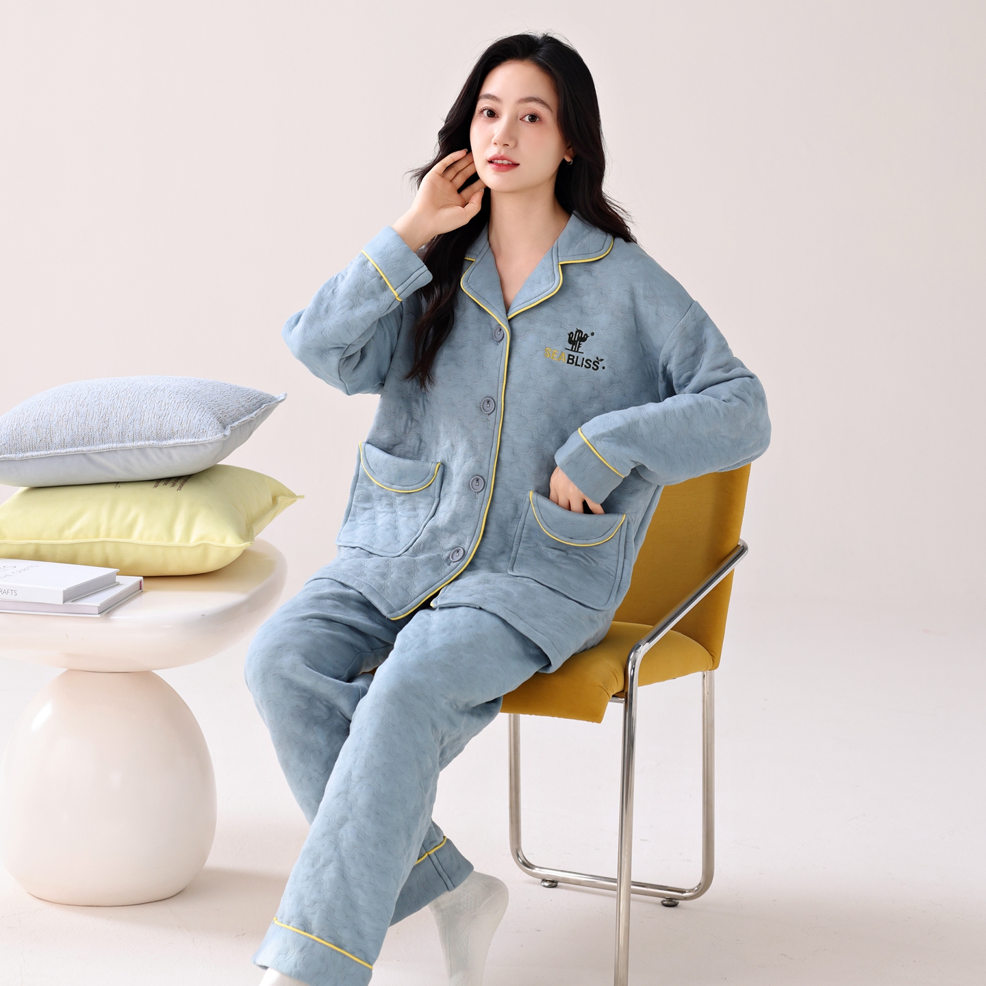 保暖可外穿睡衣纯棉空气棉夹层加厚秋冬薄夹棉家居服女士翻领套装