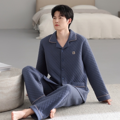 新款纯棉夹层保暖睡衣加厚空气棉秋冬天三层保暖薄夹棉男士居家服