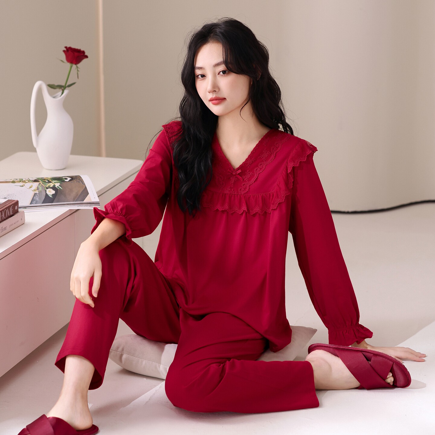 睡衣女纯棉甜美长袖公主风结婚新婚套装春秋全棉红色本命年居家服