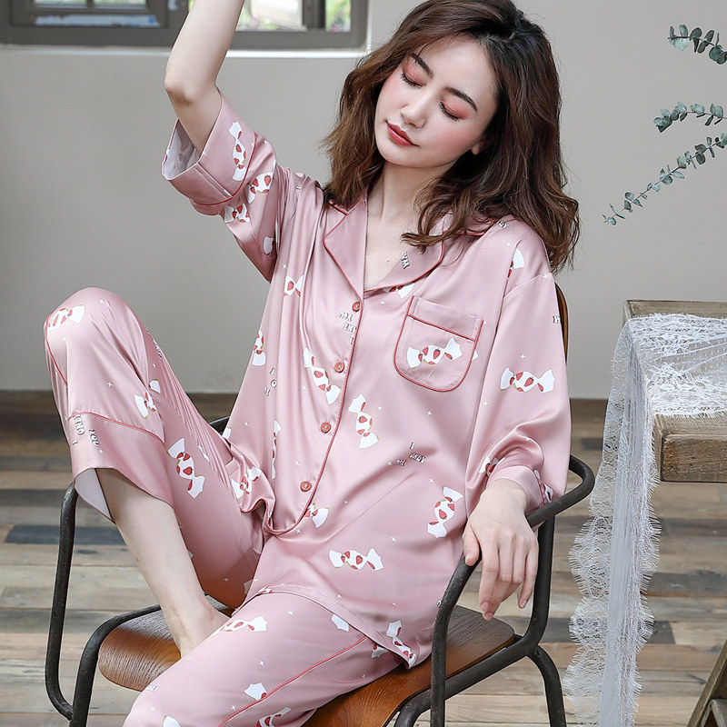 春季睡衣女春秋开衫长袖薄款仿真丝绸甜美可爱冰丝夏天家居服套装