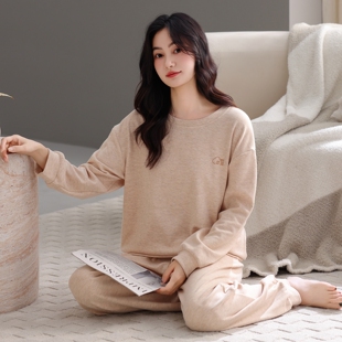 宽松可外穿 圆领加厚秋冬天家居服简约套装 冬款 睡衣女德绒保暖长袖
