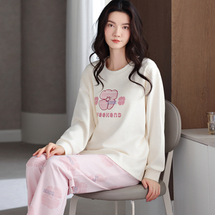 2025年春秋新款纯棉带胸垫睡衣女休闲舒适全棉圆领宽松薄款家居服