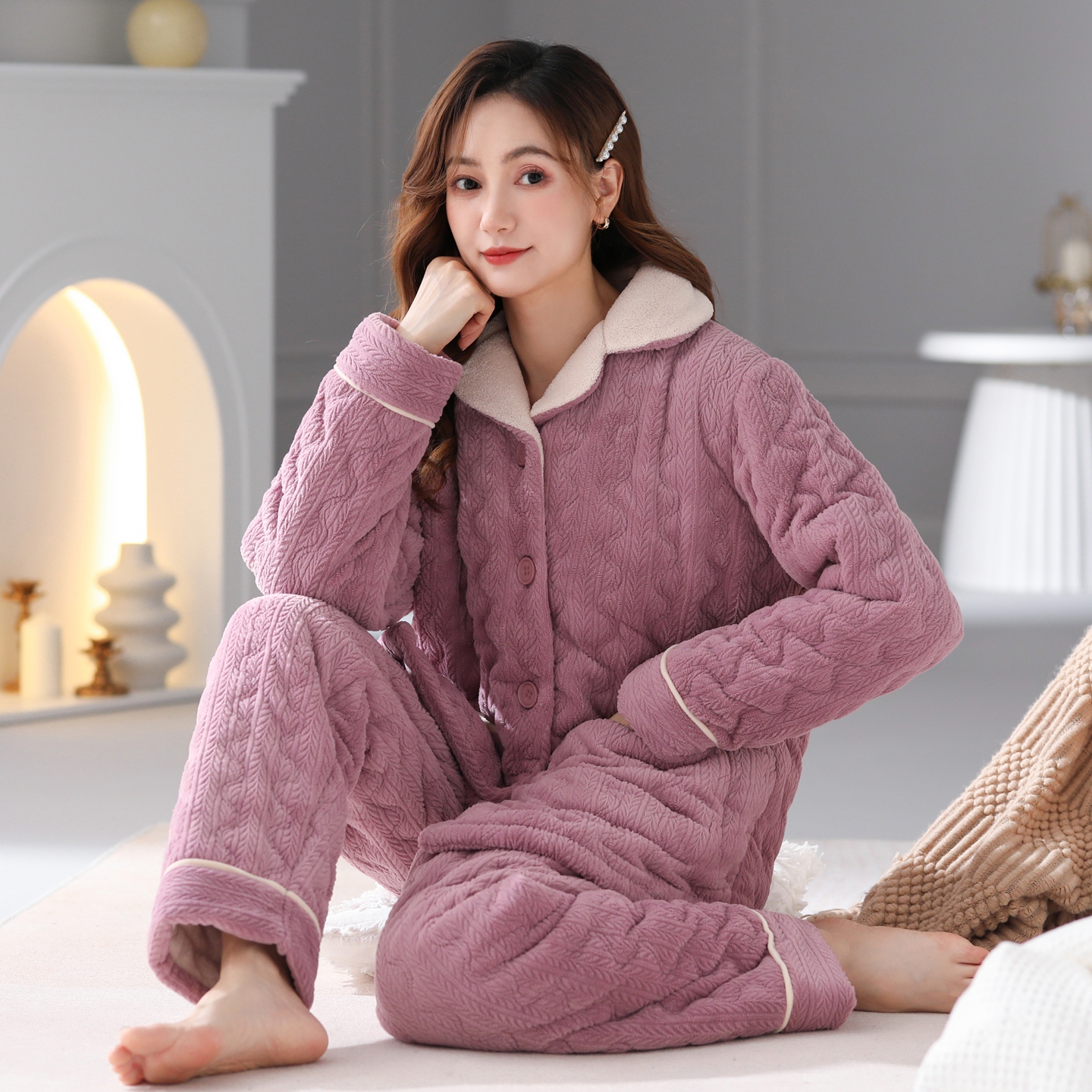 牛奶绒夹棉女士睡衣保暖加厚开衫三层珊瑚绒加绒家居服冬天可外穿