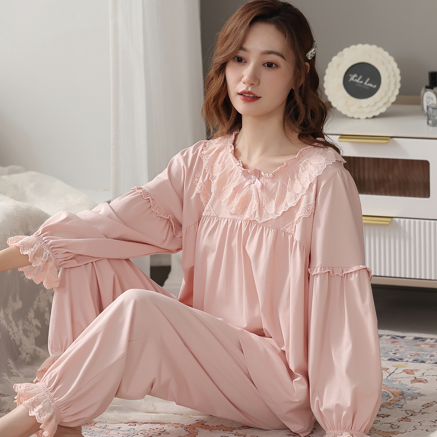 女士睡衣纯棉春秋长袖套头公主风家居服薄款全棉透气舒适甜美套装